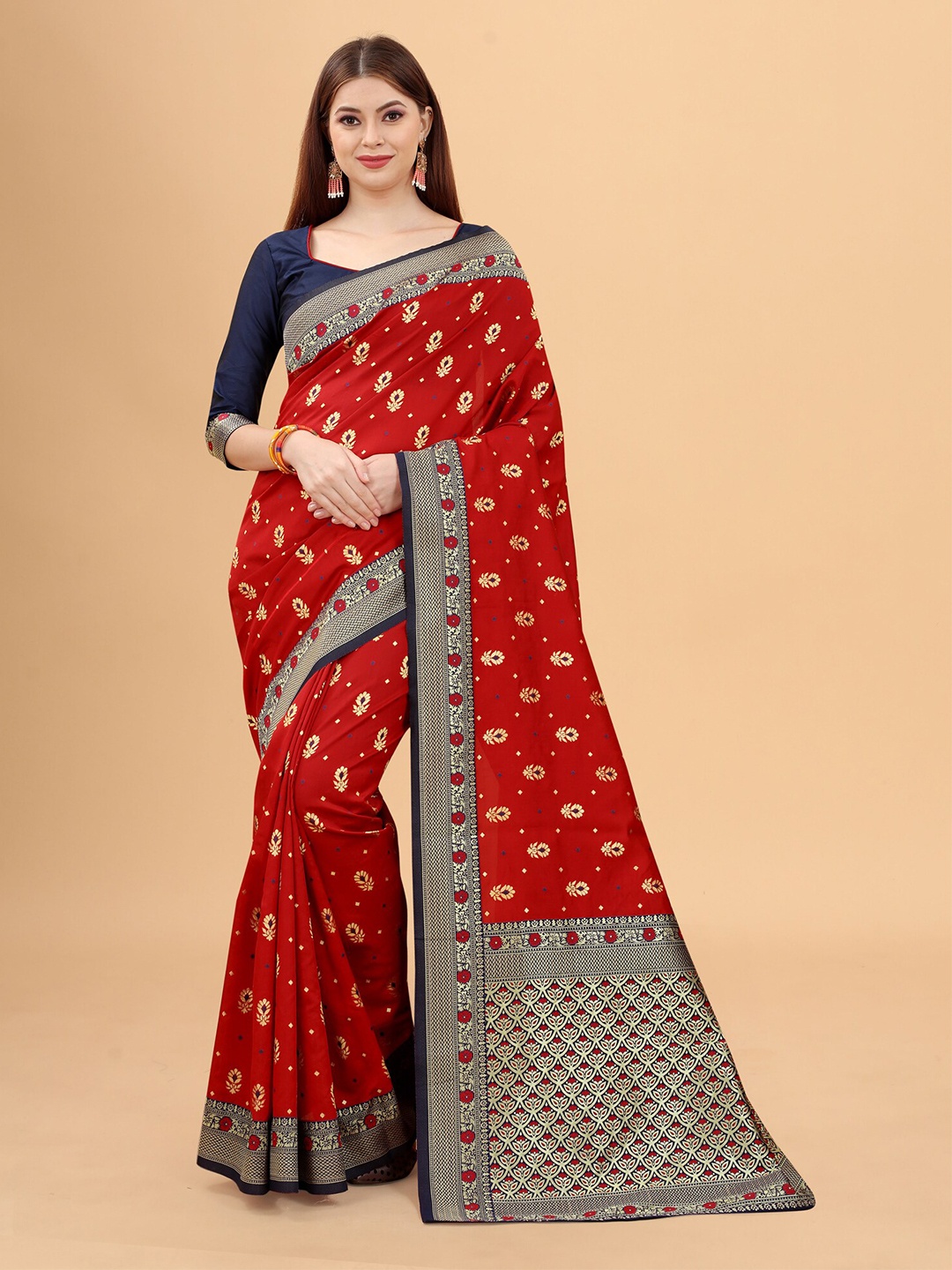 

INDI AVTAAR Red & Gold-Toned Woven Design Silk Cotton Banarasi Saree