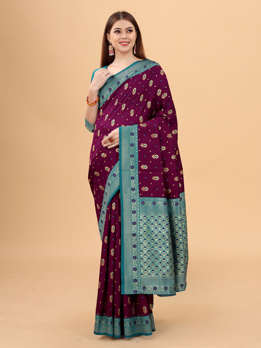 

INDI AVTAAR Purple & Blue Woven Design Silk Cotton Banarasi Saree