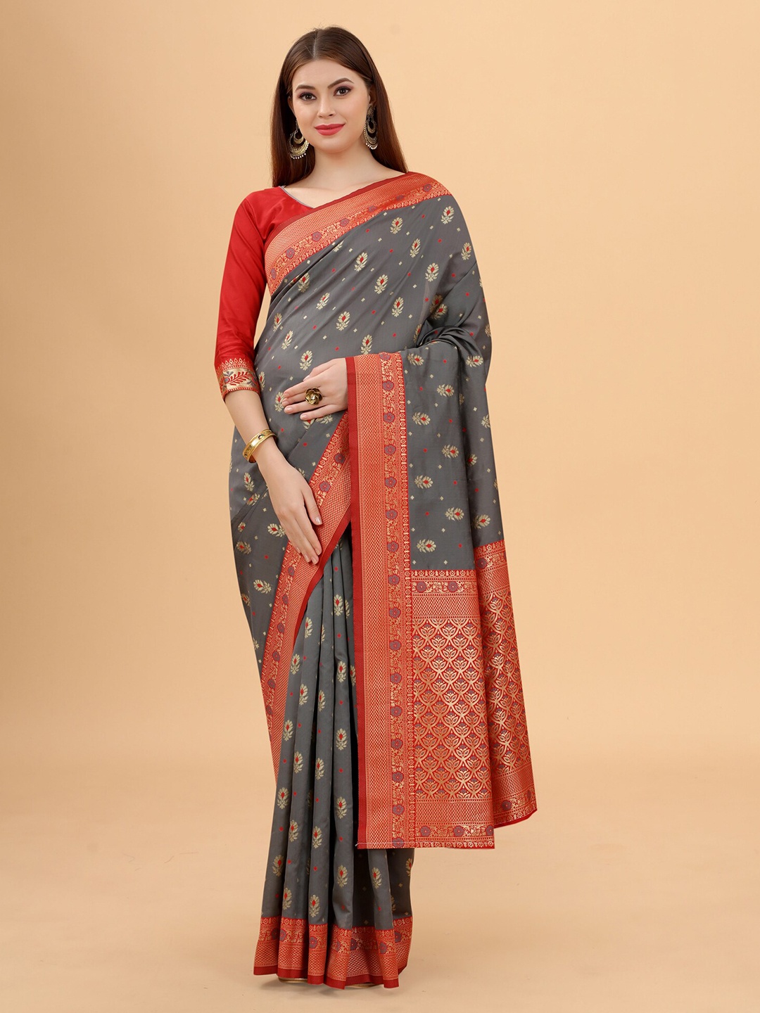 

INDI AVTAAR Grey & Red Woven Design Zari Silk Cotton Banarasi Saree