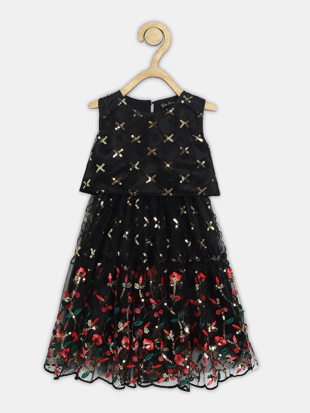 

Bella Moda Black Floral Satin Sequined Fit & Flair Dress