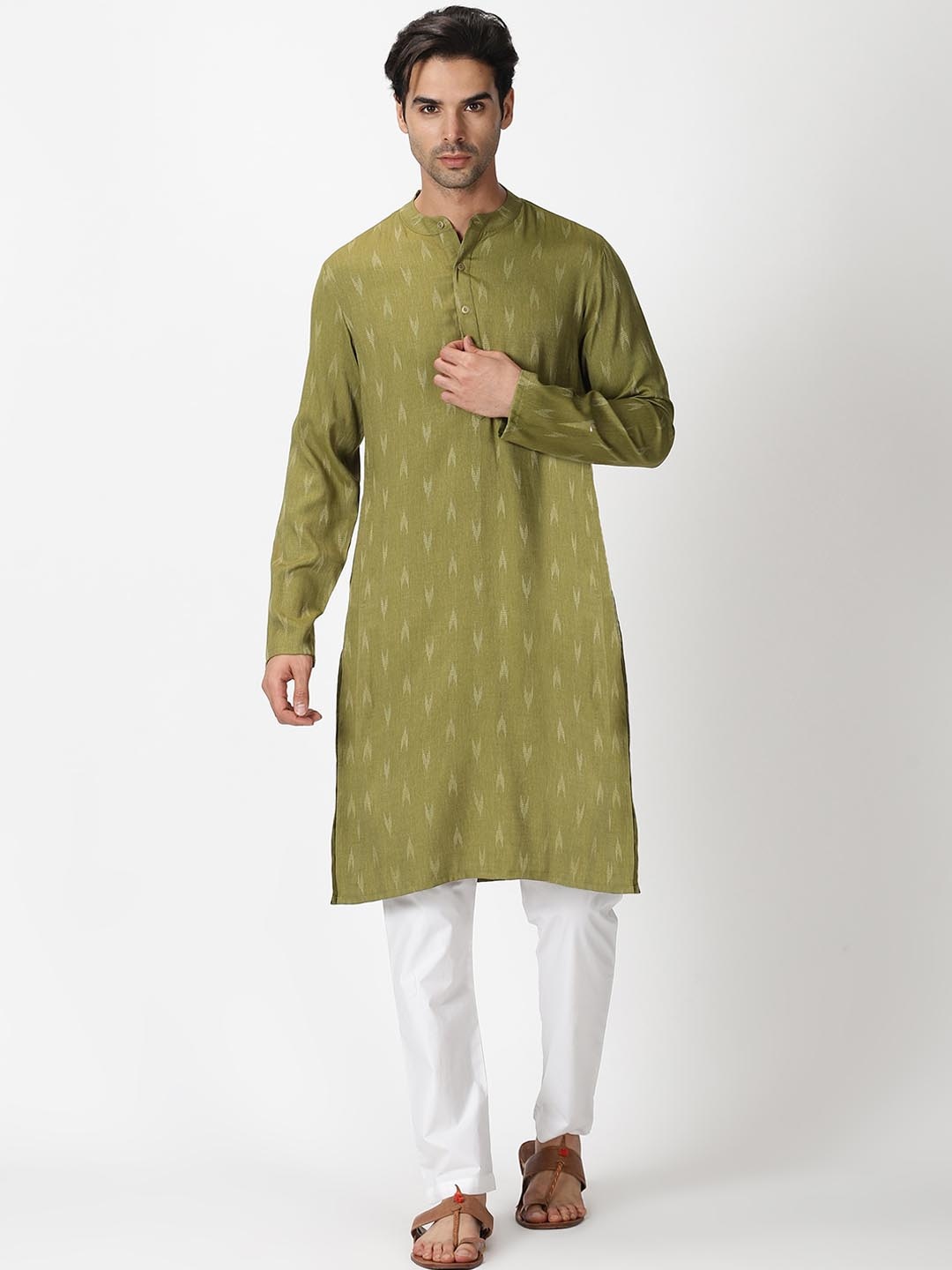 

Saffron Threads Men Green Ikat Dobby Woven Design Kurta
