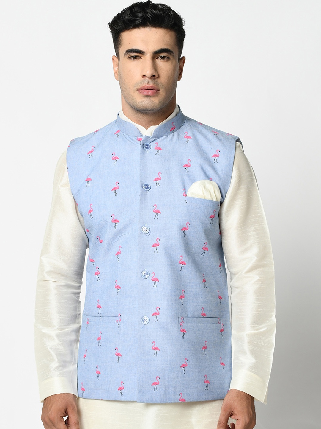 

DEYANN Men Blue & Pink Flamingo Printed Pure Cotton Woven Nehru Jacket