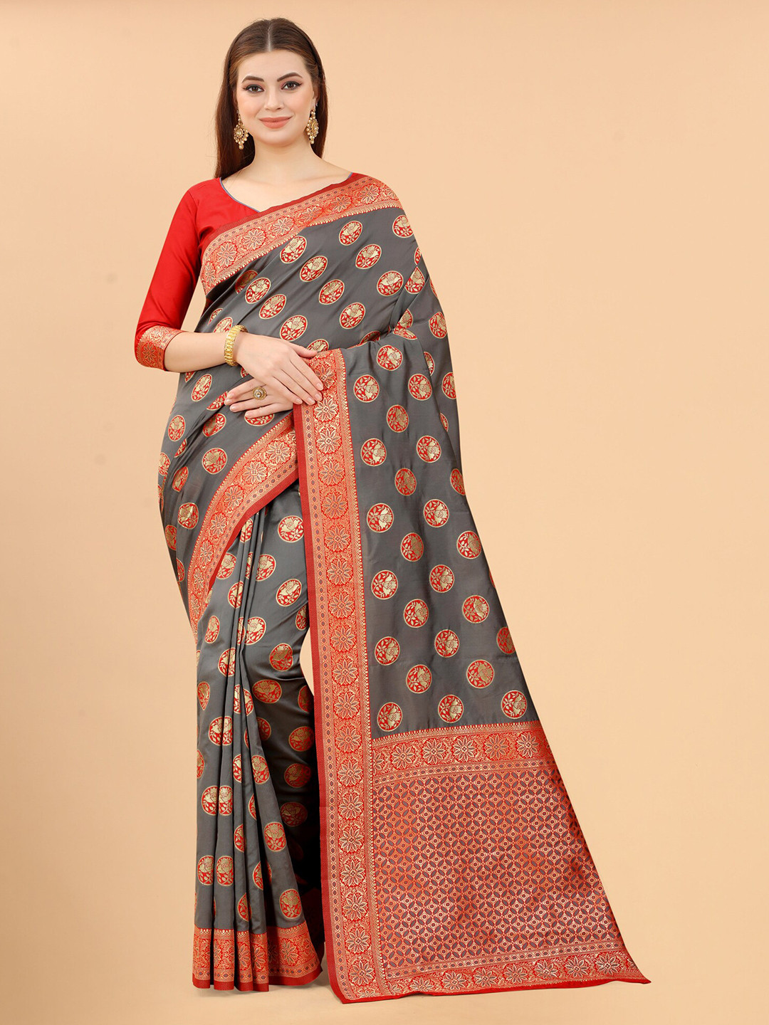 

INDI AVTAAR Grey & Red Woven Design Zari Silk Cotton Banarasi Saree