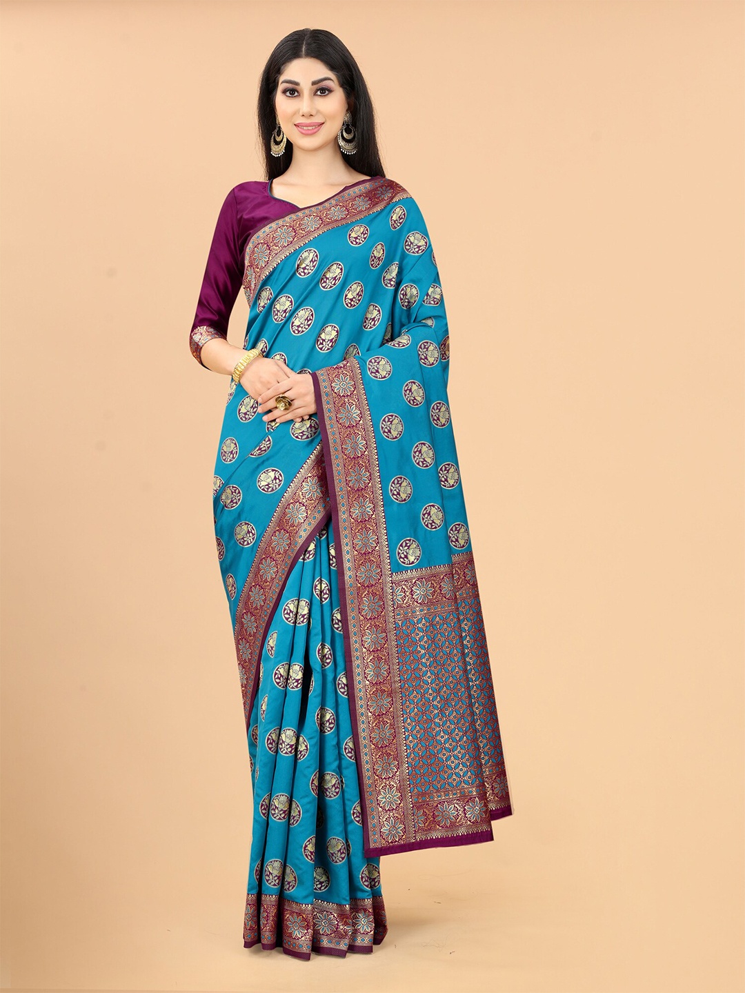 

INDI AVTAAR Blue & Gold-Toned Woven Design Silk Cotton Banarasi Saree