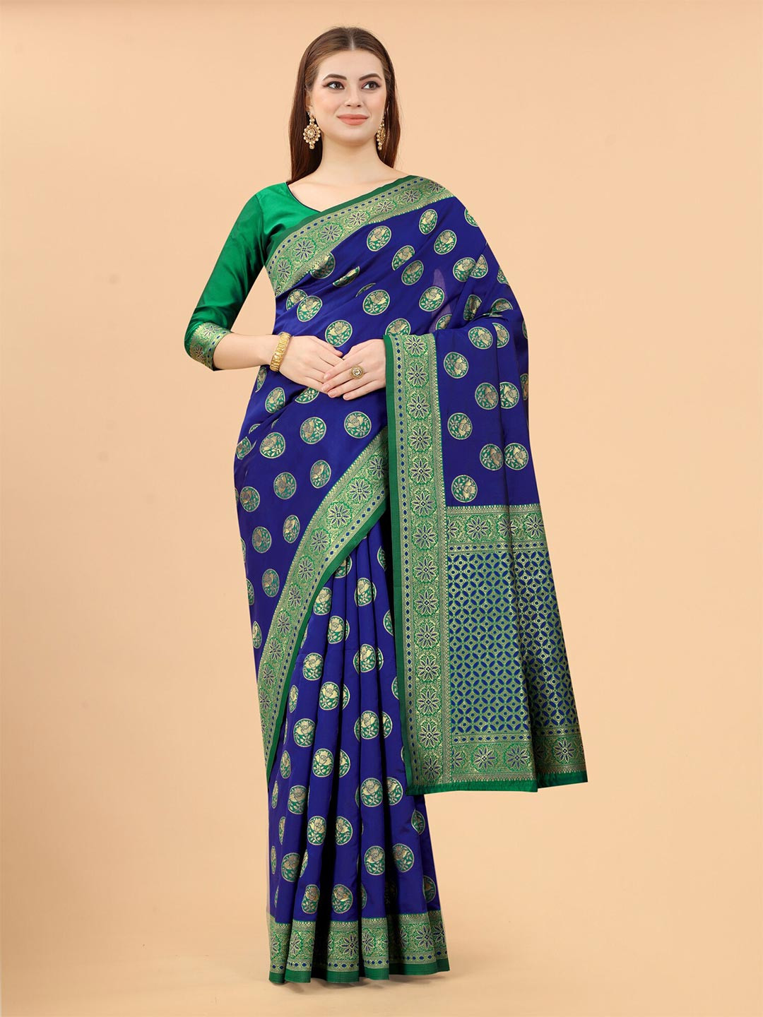 

INDI AVTAAR Navy Blue & Green Woven Design Zari Silk Cotton Banarasi Saree