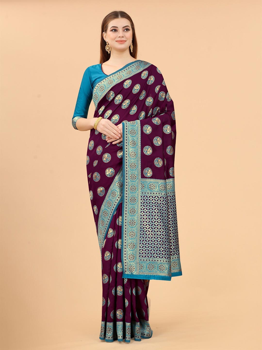 

INDI AVTAAR Purple & Blue Woven Design Silk Cotton Banarasi Saree