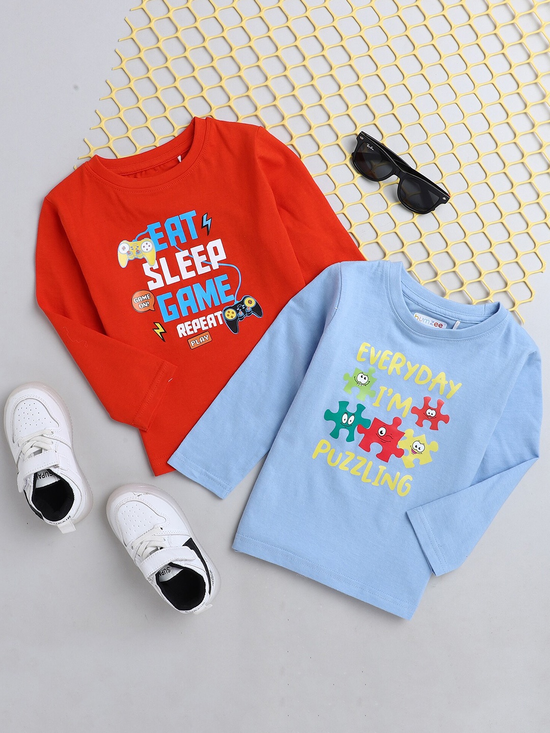 

BUMZEE Boys Pack of 2 Blue & Red Typography Printed Cotton T-shirts