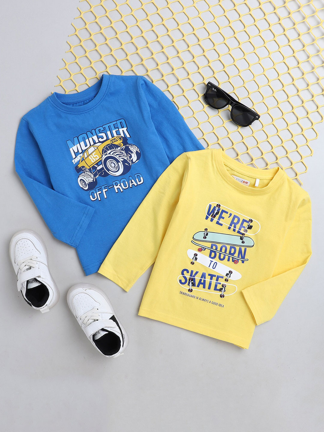 

BUMZEE Boys Yellow 2 Printed Applique T-shirt