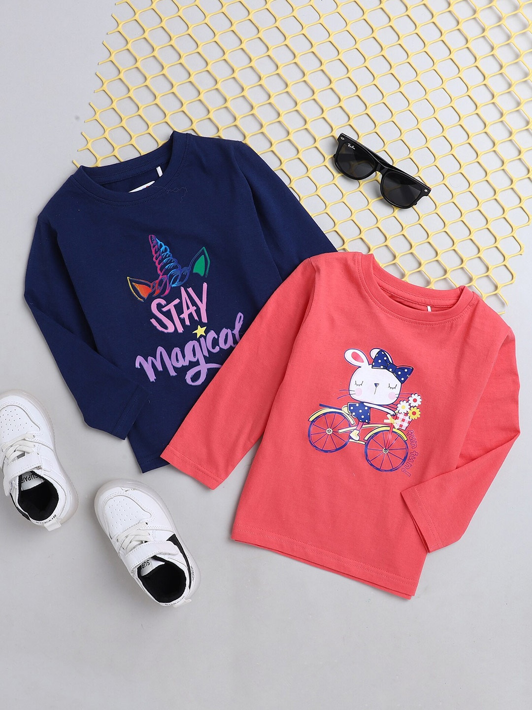 BUMZEE Girls Navy Blue & Coral Pack Of 2 Printed T-shirt