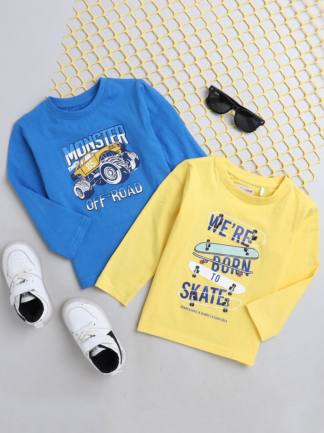 

BUMZEE Boys Pack of 2 Yellow & Blue Printed Cotton T-shirts