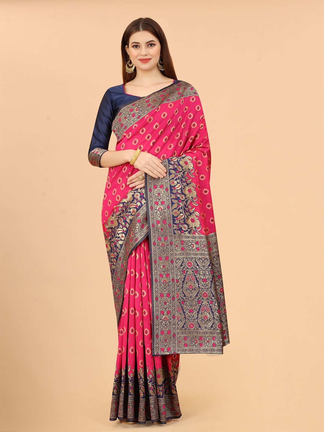 

INDI AVTAAR Women Pink & Gold-Toned Zari Silk Cotton Banarasi Saree