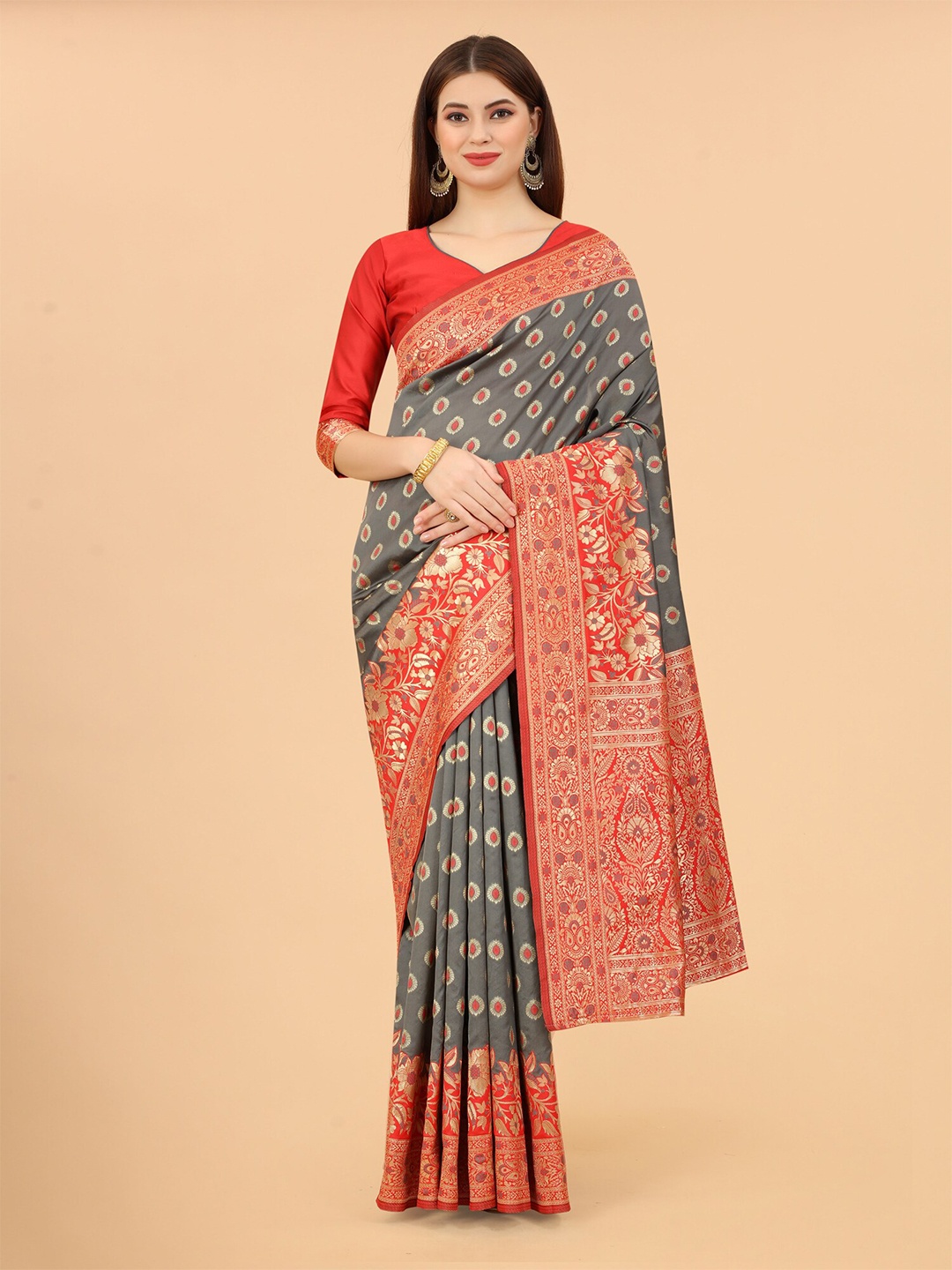 

INDI AVTAAR Grey & Red Woven Design Zari Silk Cotton Banarasi Saree