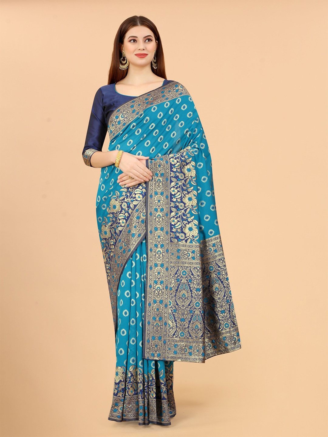 

INDI AVTAAR Blue & Gold-Toned Woven Design Zari Silk Cotton Banarasi Saree