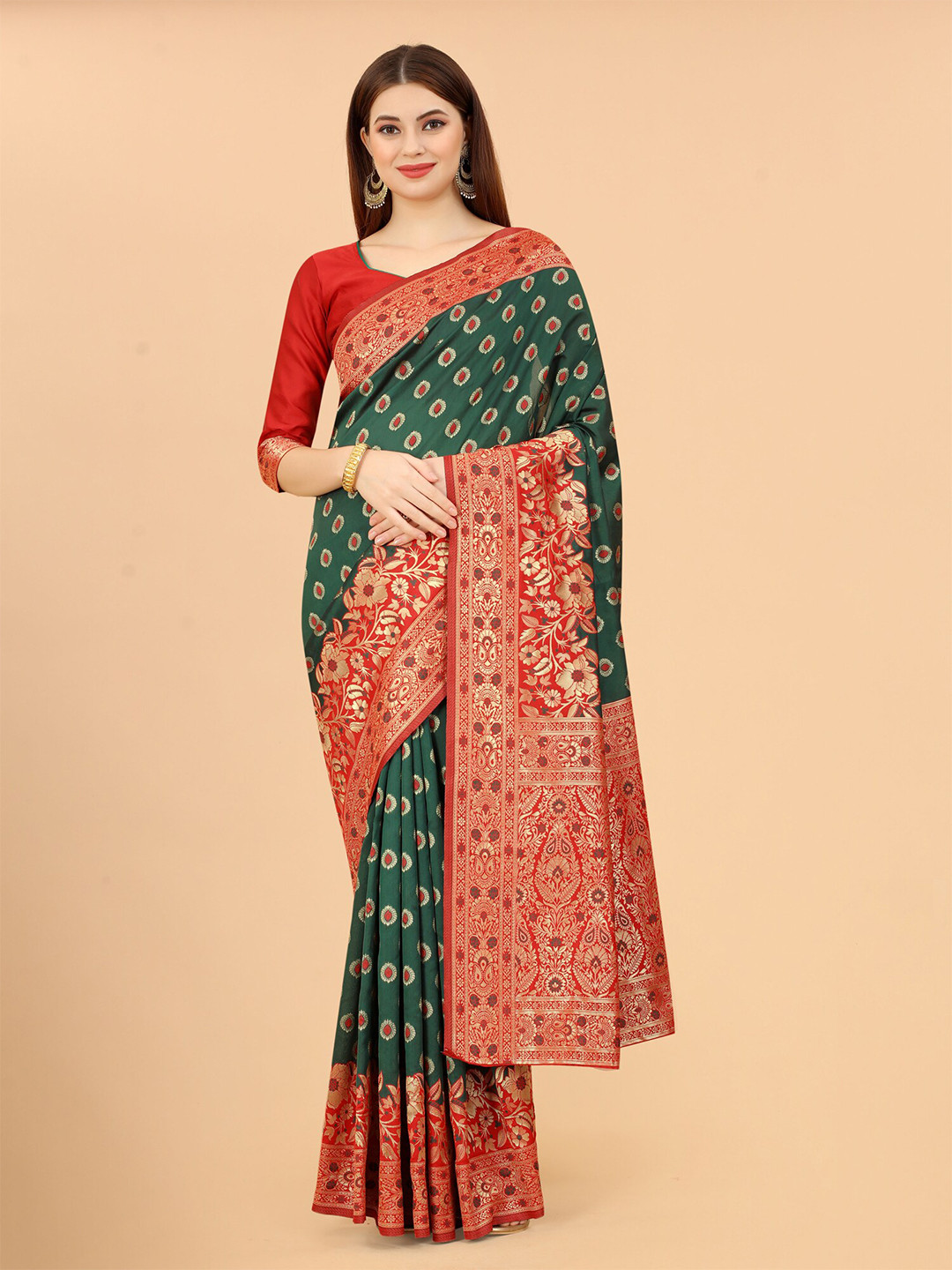 

INDI AVTAAR Green & Red Woven Design Zari Silk Cotton Banarasi Saree