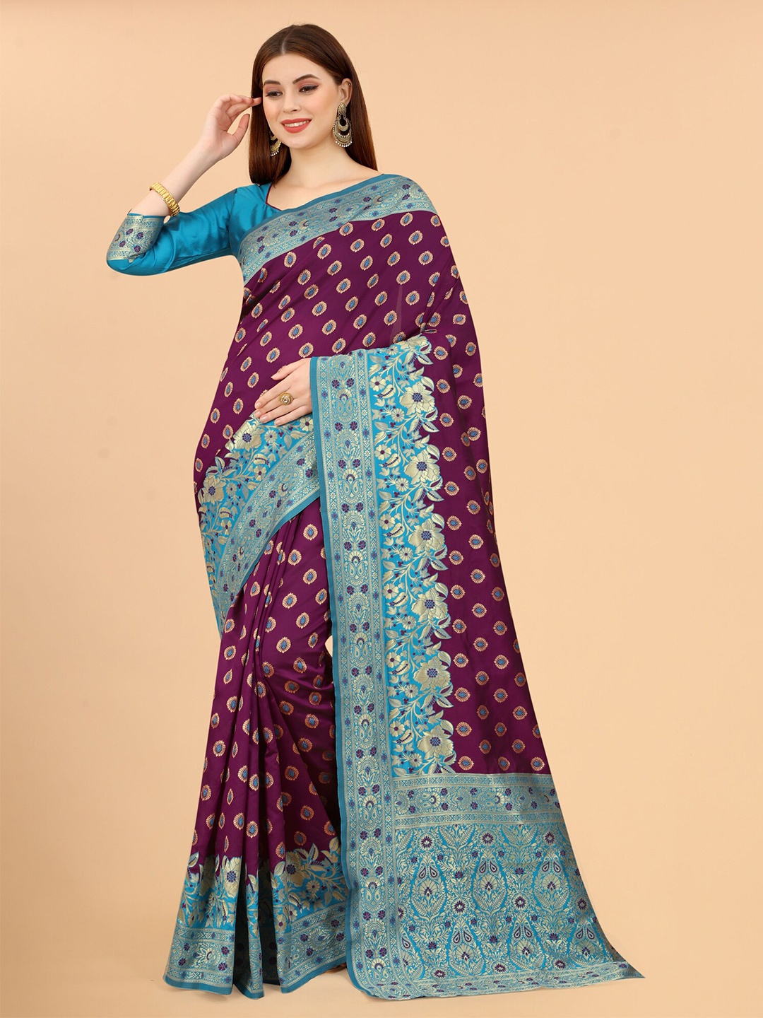 

INDI AVTAAR Burgundy & Blue Woven Design Zari Silk Cotton Banarasi Saree