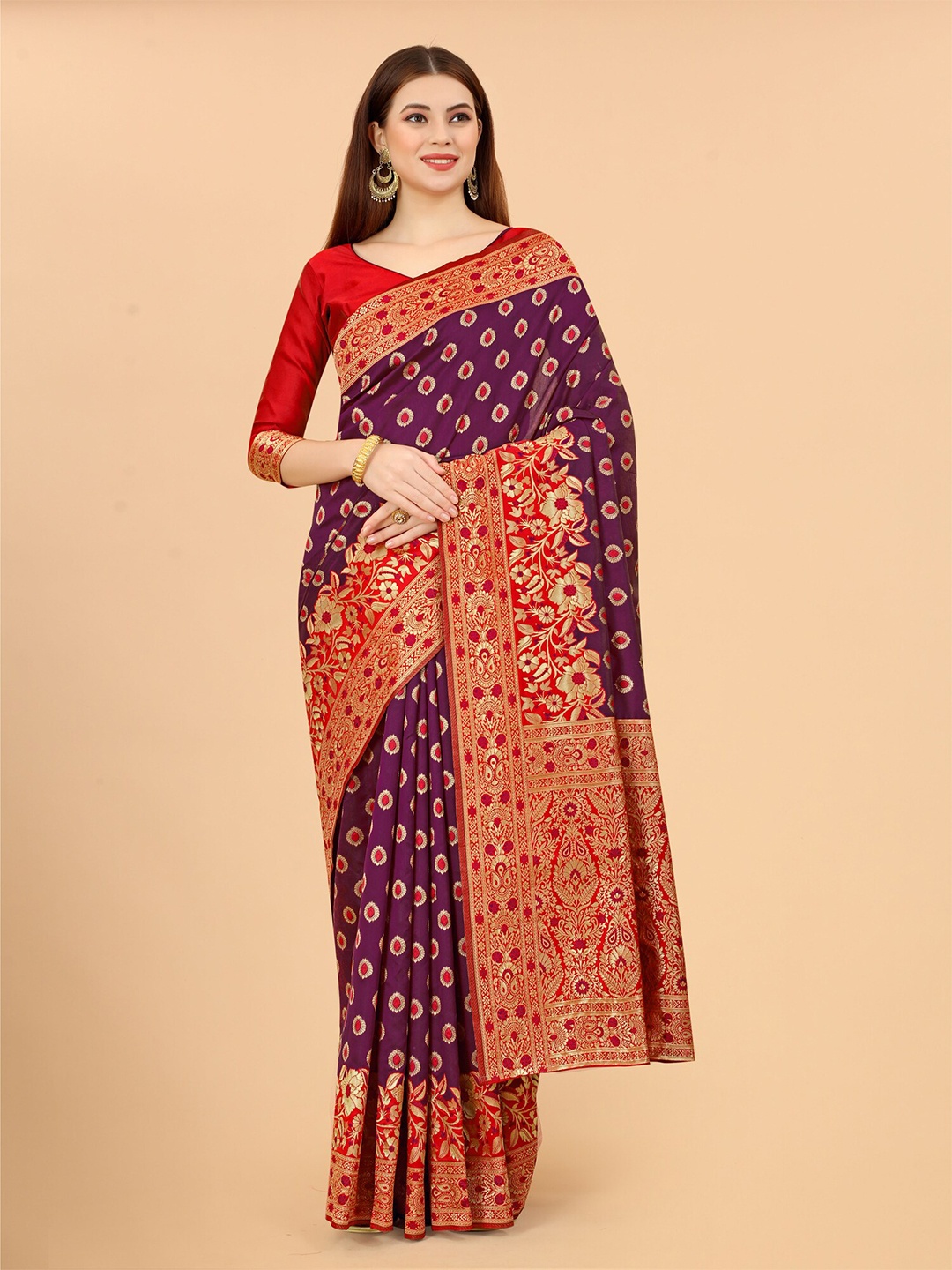 

INDI AVTAAR Women Purple & Red Woven Design Zari Silk Cotton Banarasi Saree