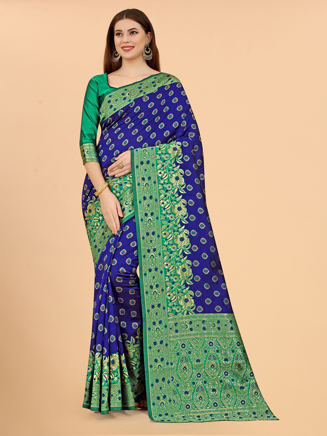 

INDI AVTAAR Women Green & Blue Woven Design Zari Silk Cotton Banarasi Saree