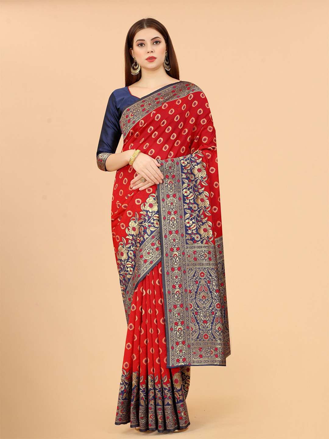 

INDI AVTAAR Red & Navy Blue Woven Design Zari Silk Cotton Banarasi Saree