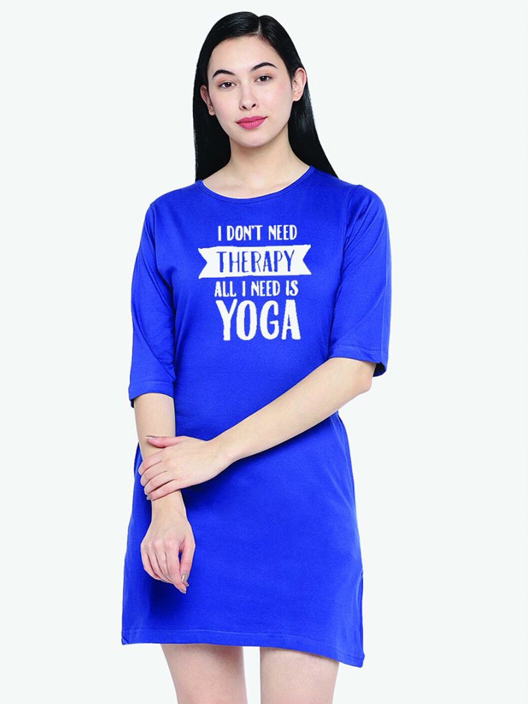 

The Lugai Fashion Women Blue Printed Drop-Shoulder Sleeves Applique T-shirt