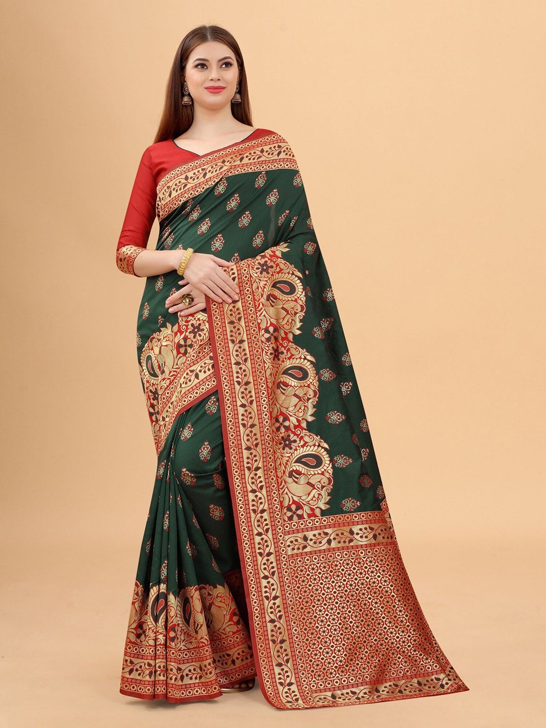 

INDI AVTAAR Red & Green Woven Design Zari Silk Cotton Banarasi Saree