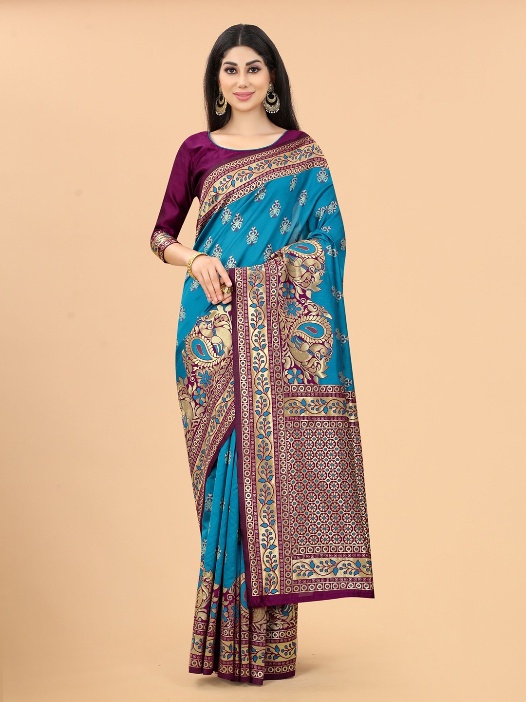 

INDI AVTAAR Women Purple & Blue Woven Design Zari Silk Cotton Banarasi Saree