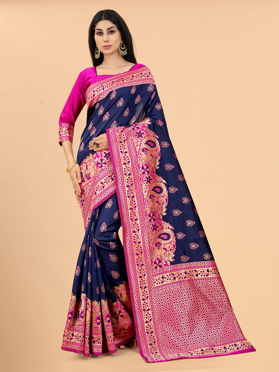 

INDI AVTAAR Navy Blue & Pink Woven Design Silk Cotton Banarasi Saree