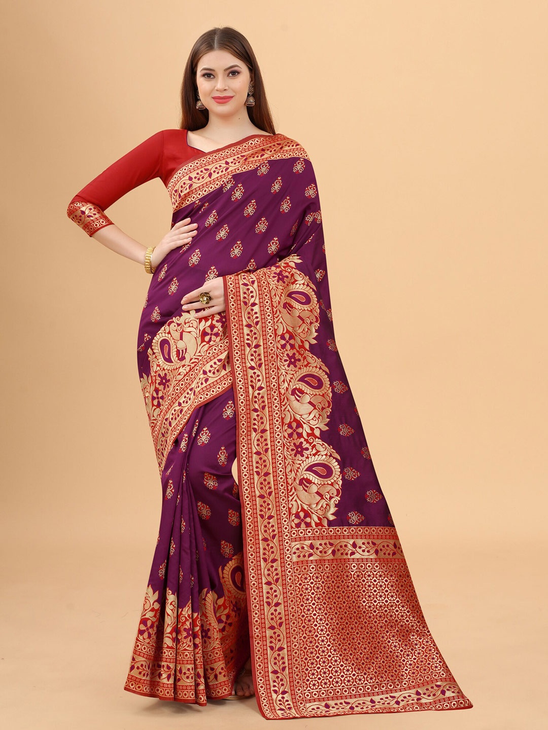 

INDI AVTAAR Purple & Red Woven Design Zari Silk Cotton Banarasi Saree