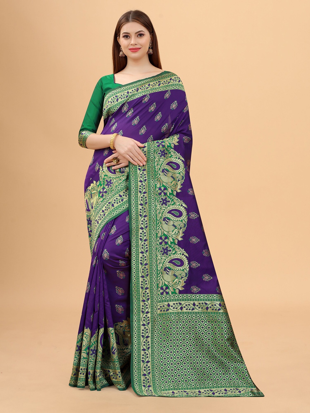 

INDI AVTAAR Purple & Green Woven Design Silk Cotton Banarasi Saree