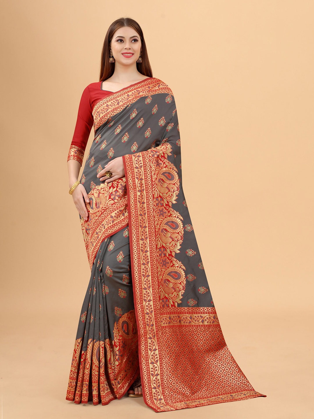 

INDI AVTAAR Grey & Red Woven Design Silk Cotton Banarasi Saree