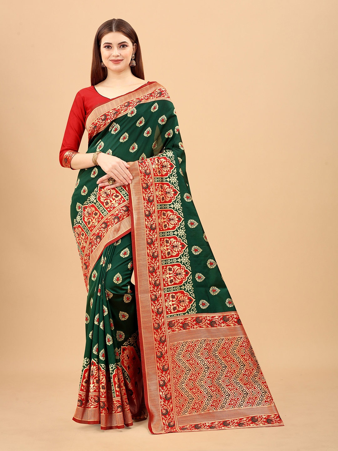 

INDI AVTAAR Green & Red Ethnic Motifs Zari Silk Cotton Banarasi Saree