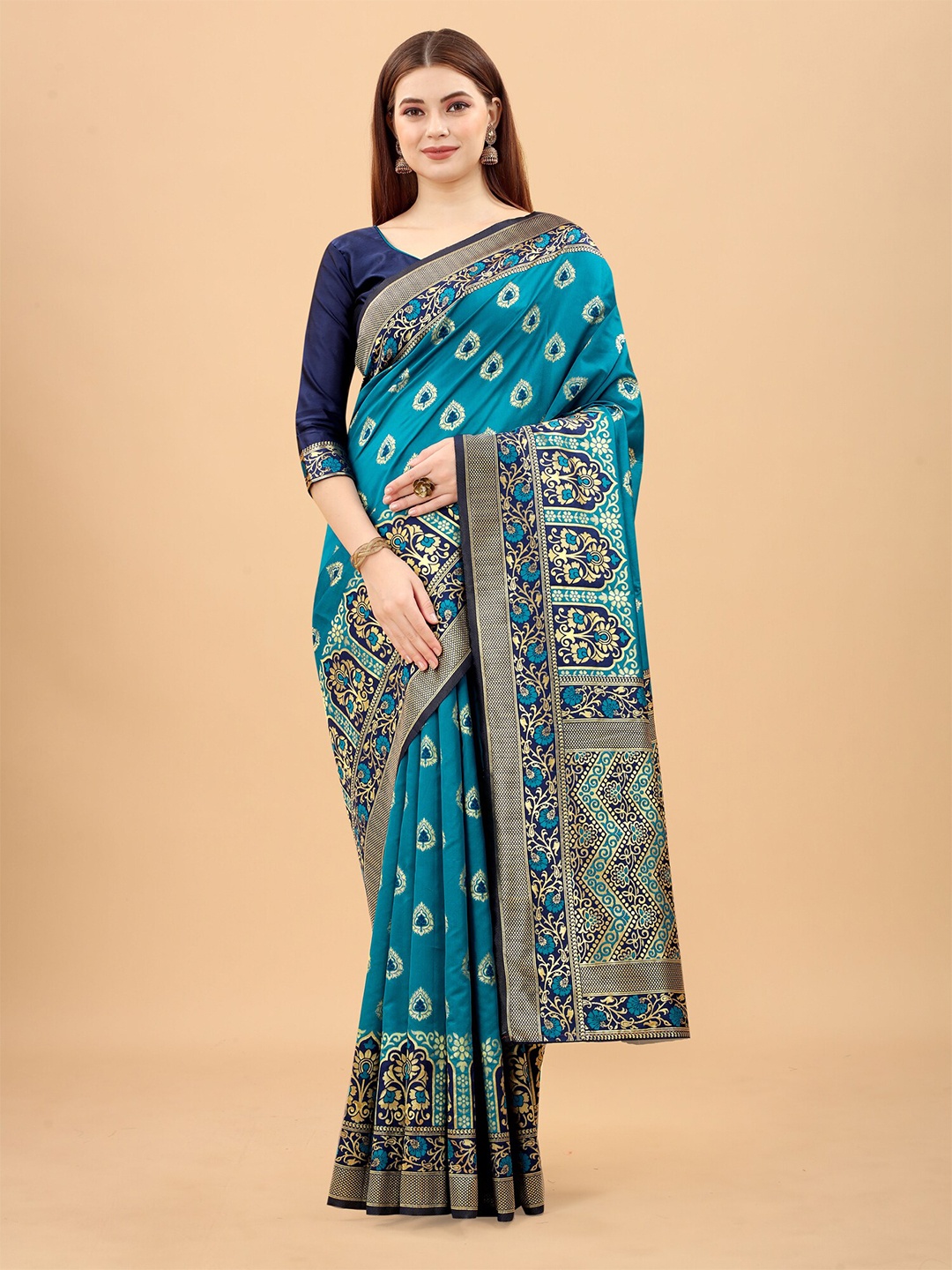 

INDI AVTAAR Blue & Navy Blue Ethnic Motifs Silk Cotton Banarasi Saree