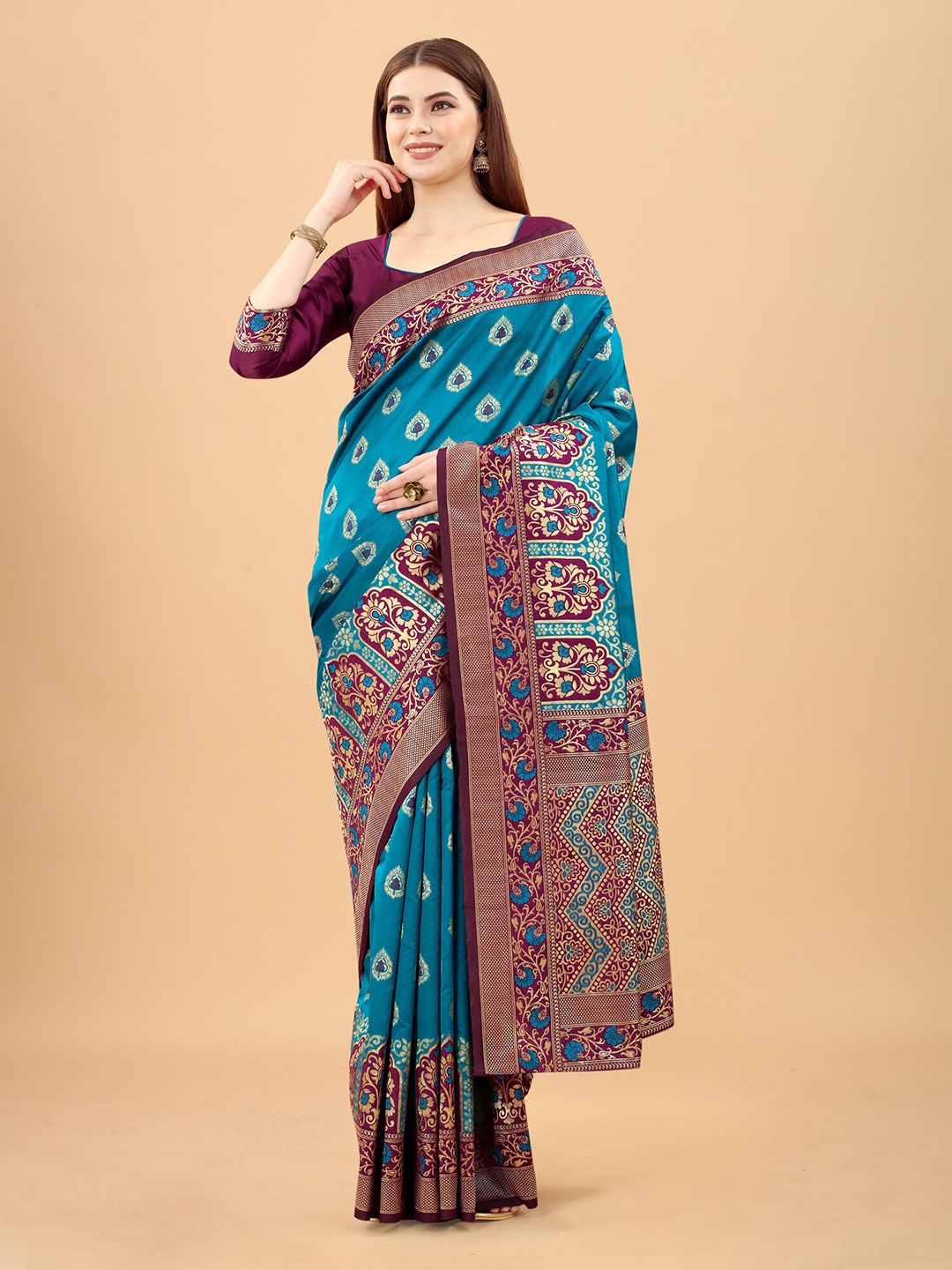 

INDI AVTAAR Blue & Purple Ethnic Motifs Zari Silk Cotton Banarasi Saree