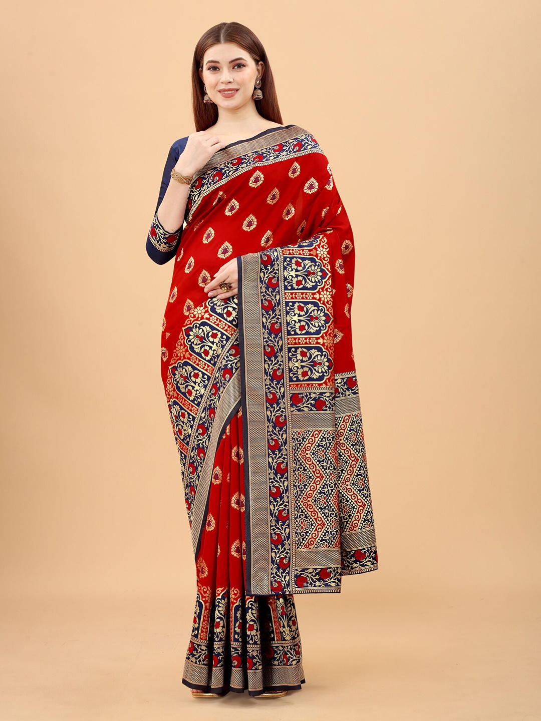 

INDI AVTAAR Red & Navy Blue Woven Design Zari Silk Cotton Banarasi Saree