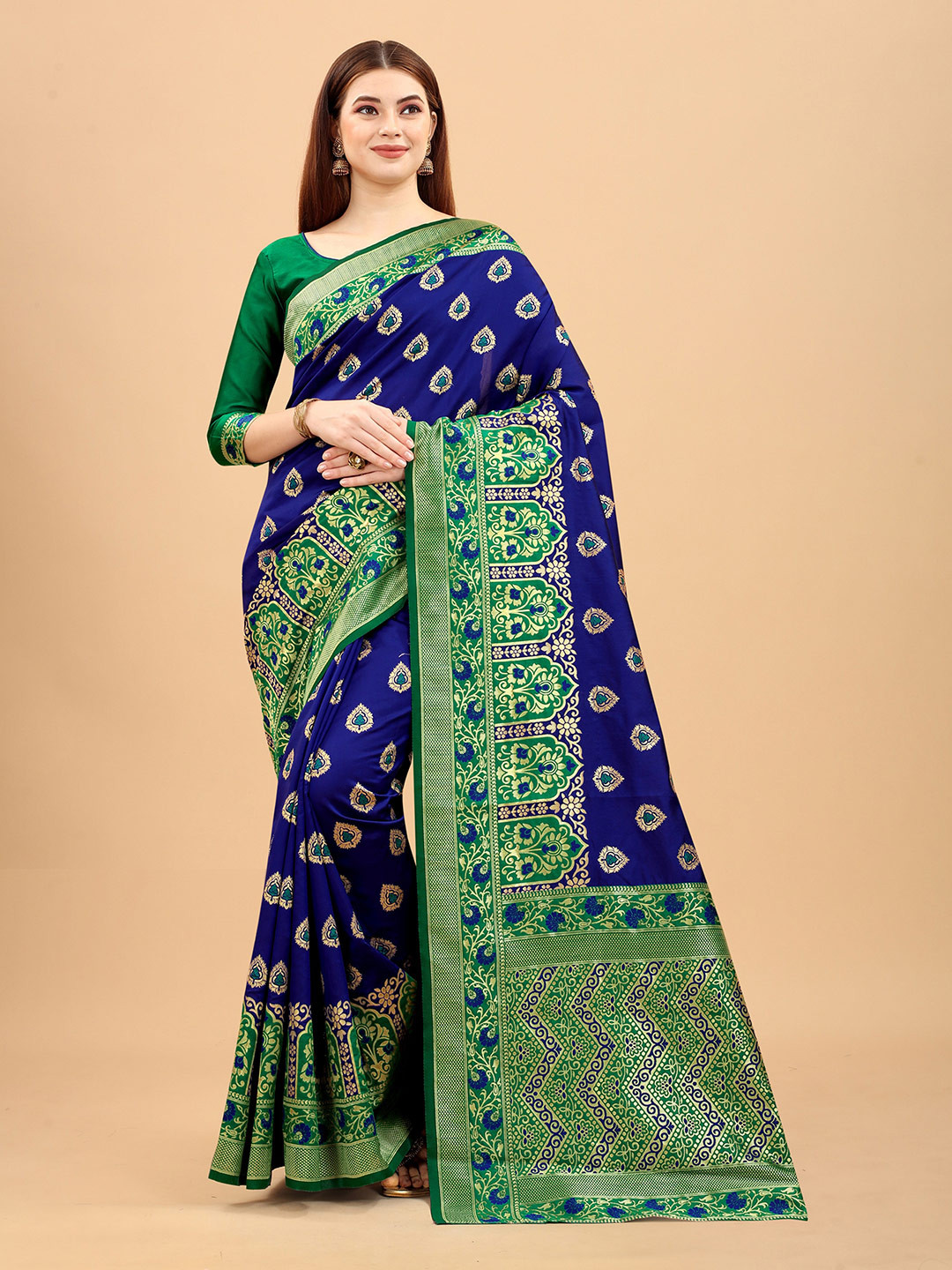 

INDI AVTAAR Blue & Green Woven Design Silk Cotton Banarasi Saree