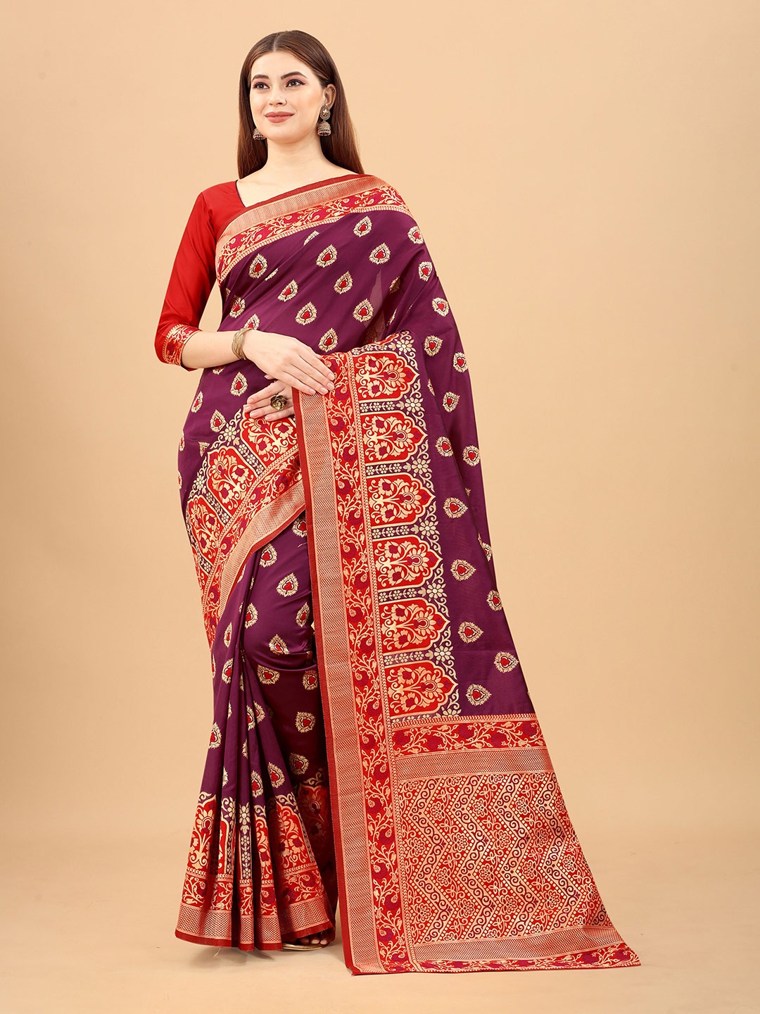 

INDI AVTAAR Purple & Red Woven Design Zari Silk Cotton Banarasi Saree