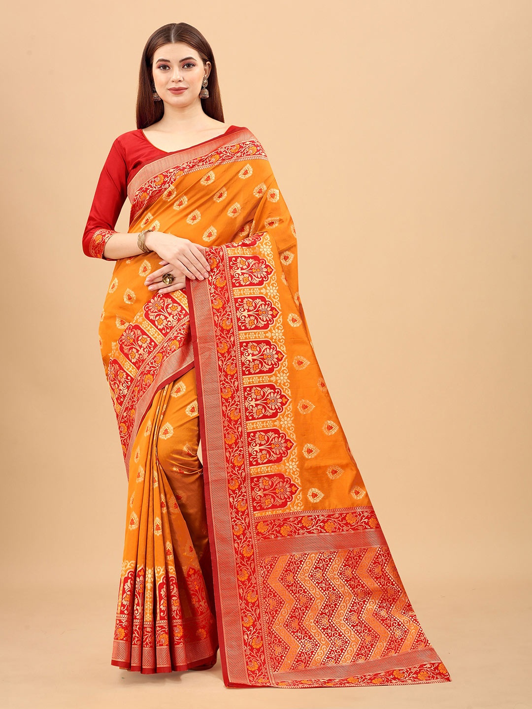 

INDI AVTAAR Gold-Toned & Red Woven Design Silk Cotton Banarasi Saree
