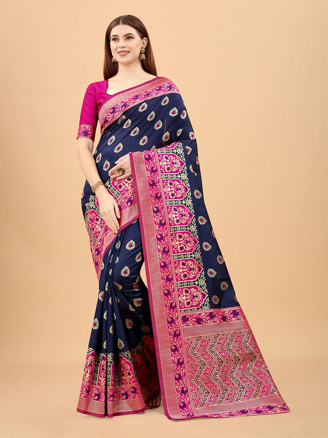 

INDI AVTAAR Navy Blue & Pink Woven Design Zari Silk Cotton Banarasi Saree
