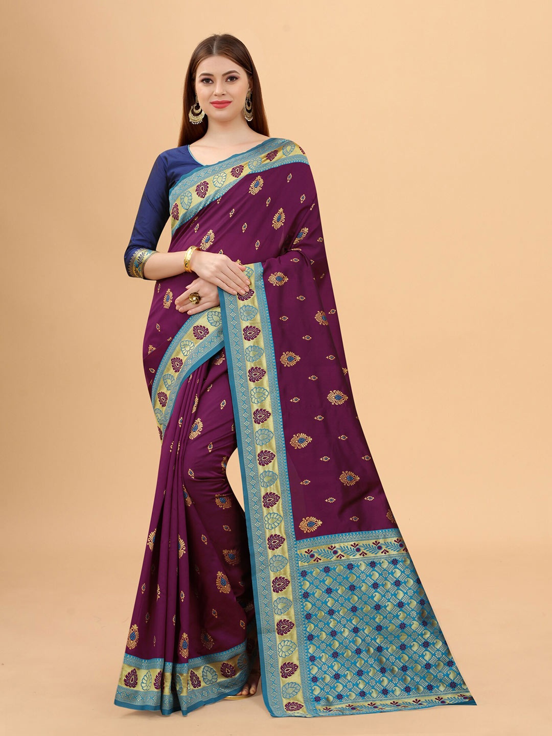 

INDI AVTAAR Purple & Blue Woven Design Zari Silk Cotton Banarasi Saree