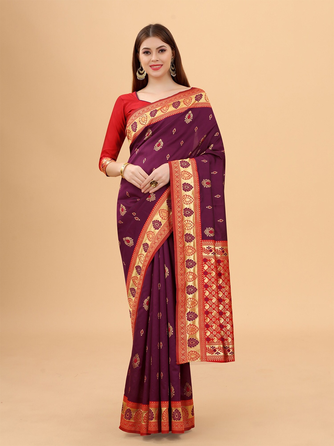 

INDI AVTAAR Burgundy & Red Woven Design Zari Silk Cotton Banarasi Saree