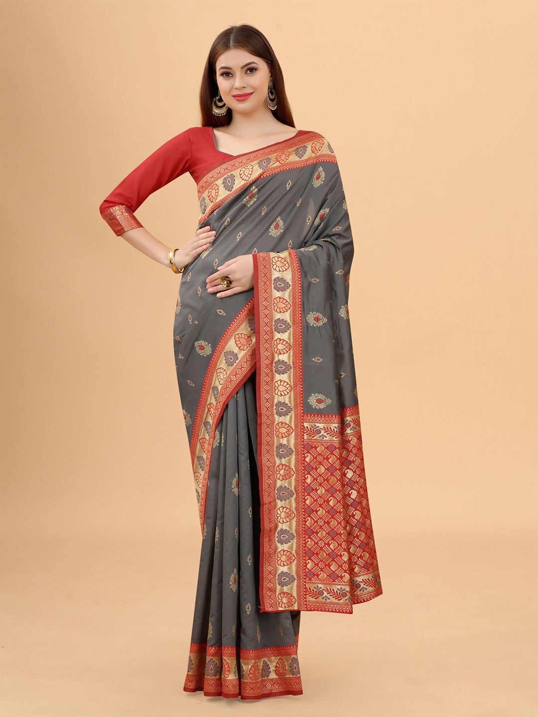 

INDI AVTAAR Grey & Red Woven Design Silk Cotton Banarasi Saree