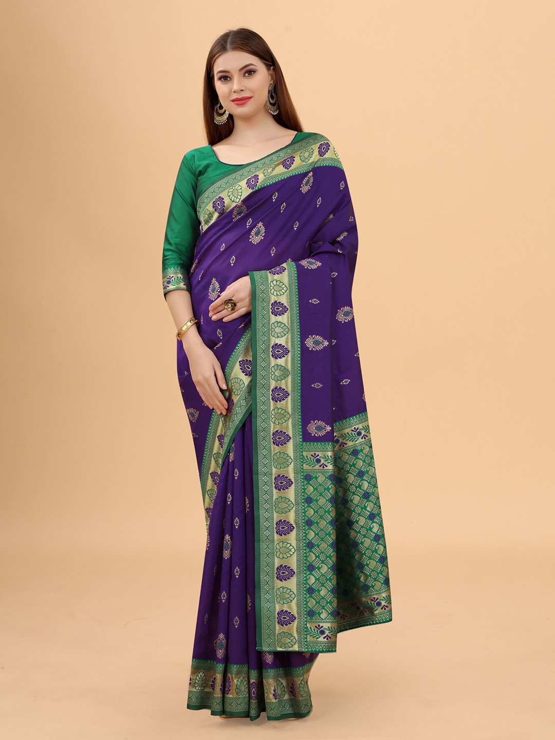 

INDI AVTAAR Purple & Green Woven Design Silk Cotton Banarasi Saree