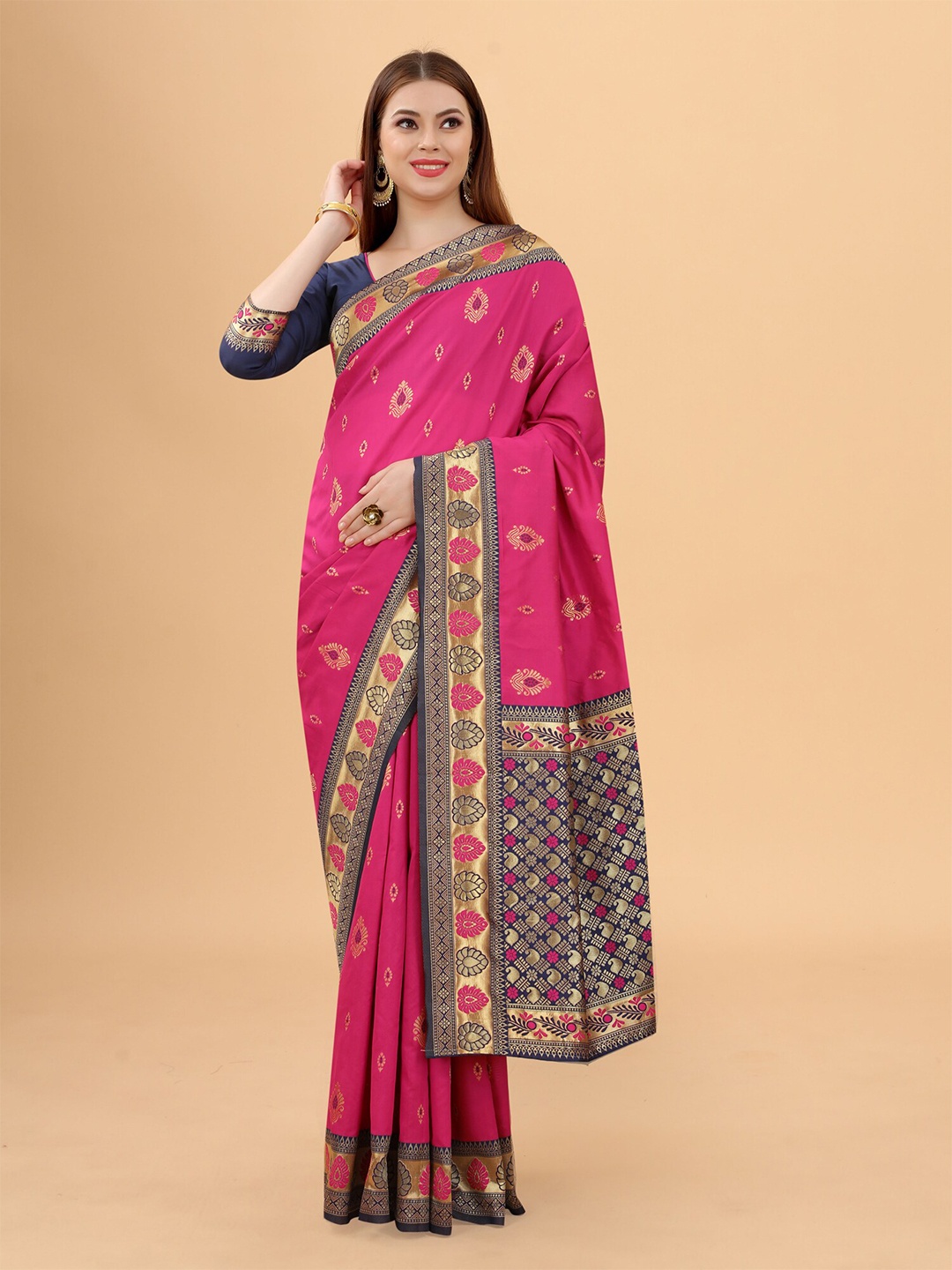 

INDI AVTAAR Pink & Navy Blue Woven Design Zari Silk Cotton Banarasi Saree