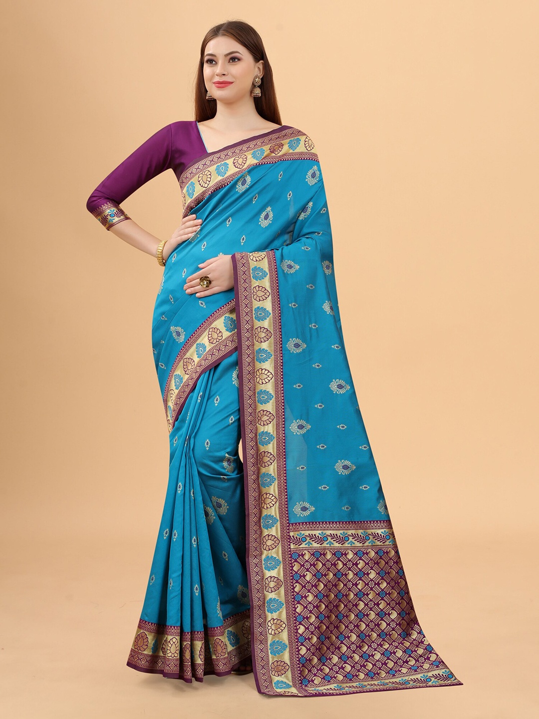 

INDI AVTAAR Blue & Purple Woven Design Silk Cotton Banarasi Saree