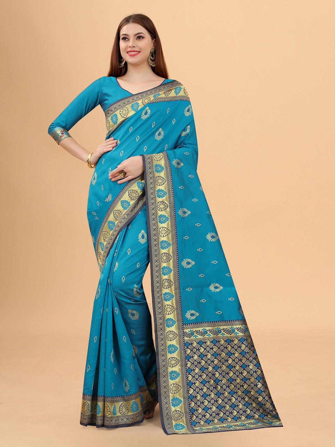

INDI AVTAAR Teal & Gold-Toned Woven Design Zari Silk Cotton Banarasi Saree