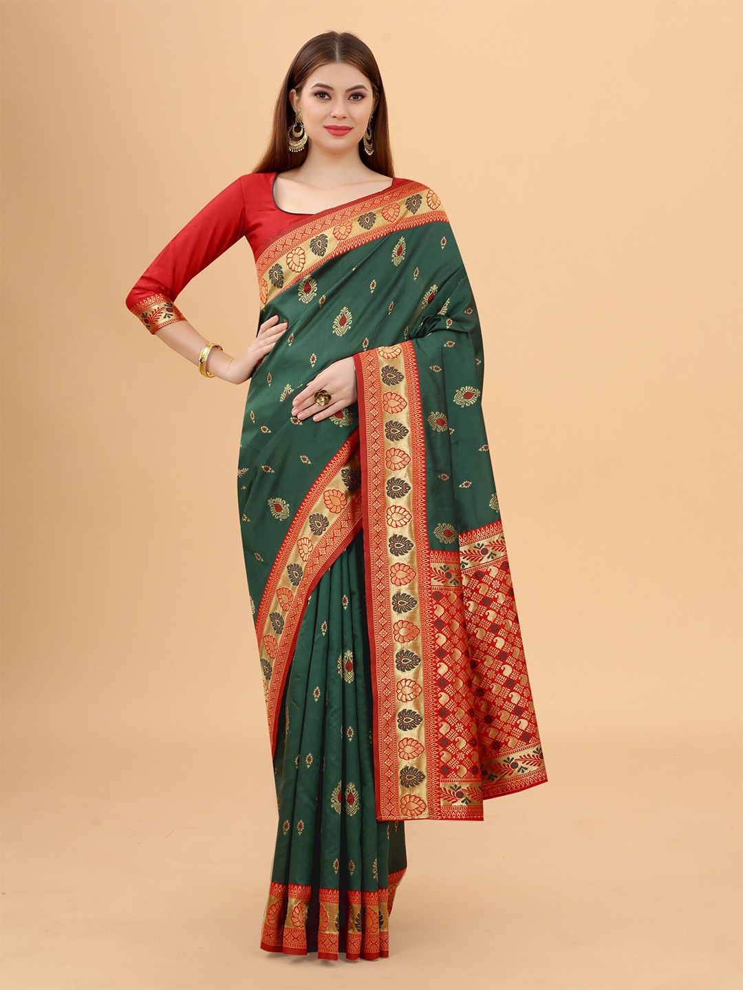 

INDI AVTAAR Green & Red Woven Design Silk Cotton Banarasi Saree