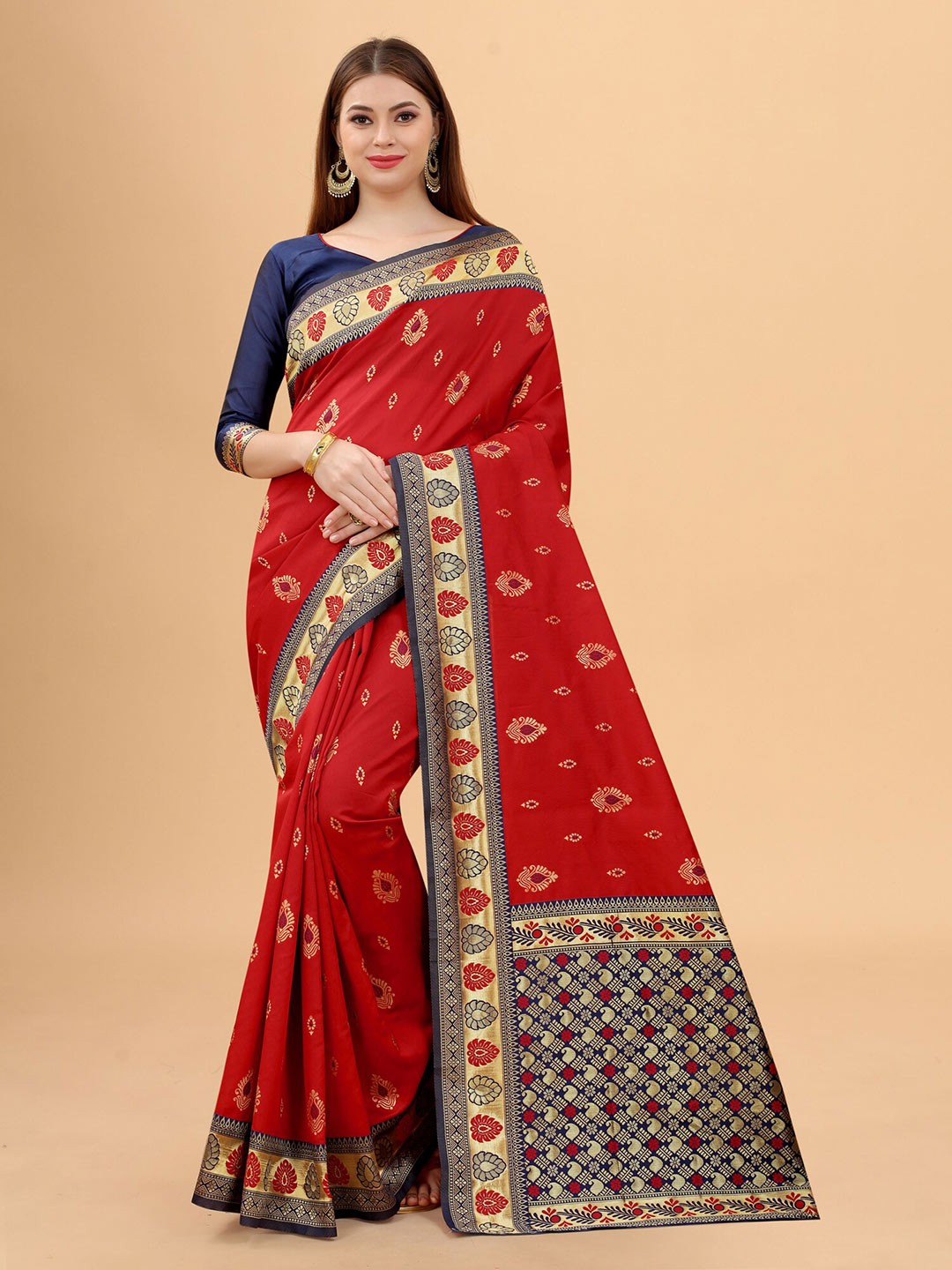 

INDI AVTAAR Red & Navy Blue Woven Design Zari Silk Cotton Banarasi Saree