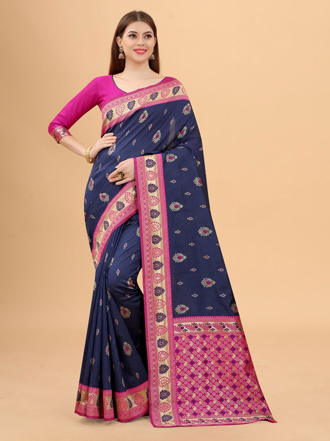 

INDI AVTAAR Navy Blue & Pink Woven Design Silk Cotton Banarasi Saree