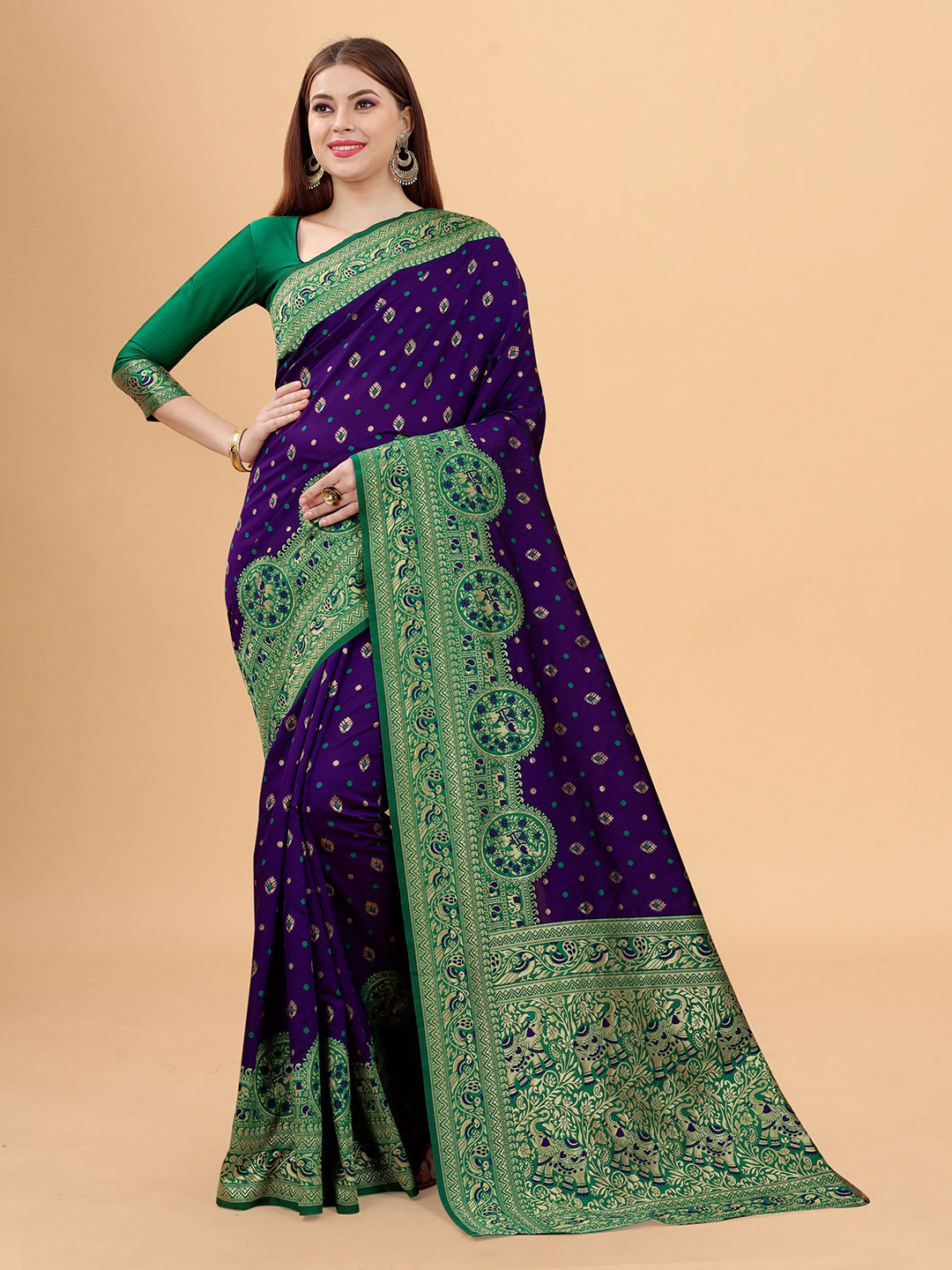 

INDI AVTAAR Women Purple & Green Zari Silk Cotton Banarasi Saree