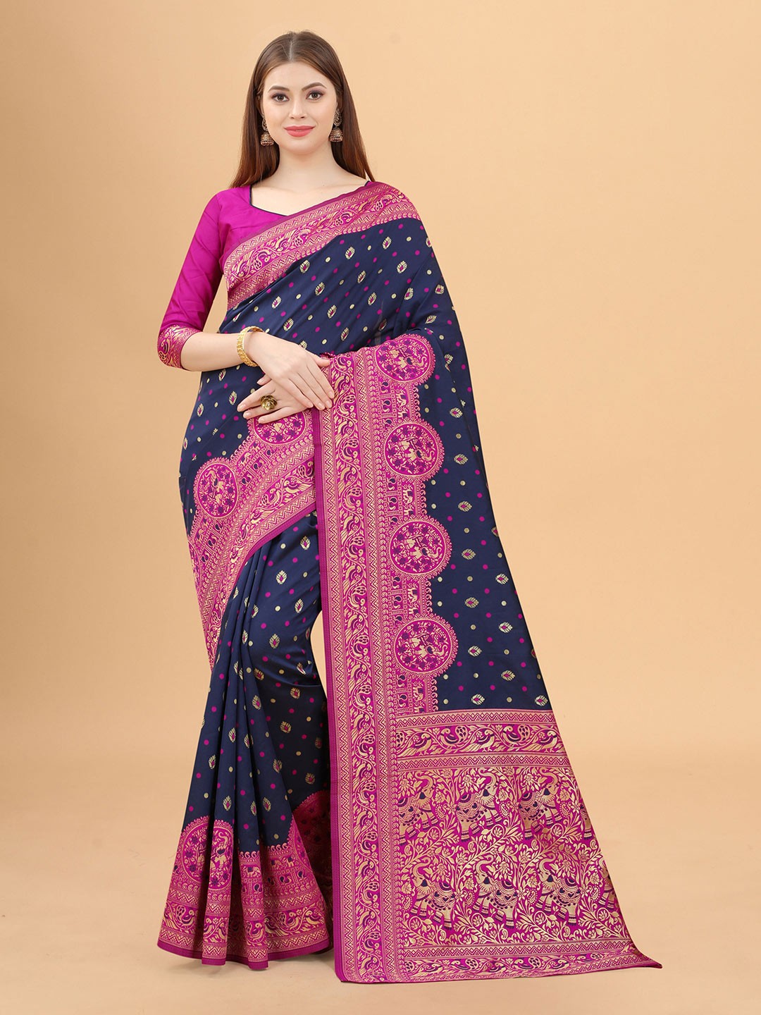 

INDI AVTAAR Navy Blue & Pink Woven Design Zari Silk Cotton Banarasi Saree