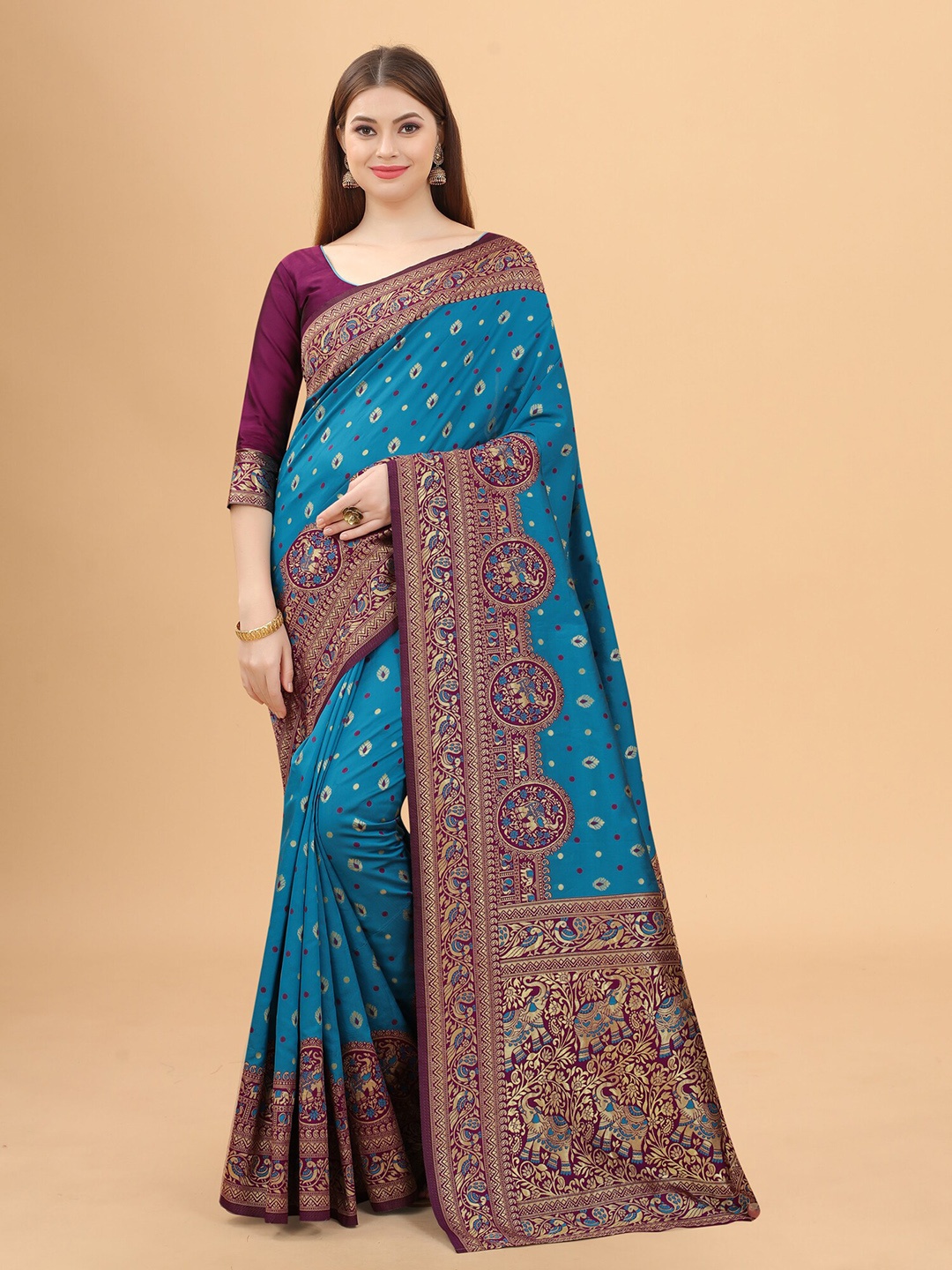 

INDI AVTAAR Green & Blue Ethnic Motifs Zari Silk Cotton Banarasi Saree